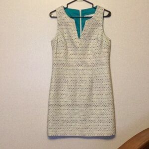Trina Turk Cream Textured Sheath Dress with Teal Lining. Size 4